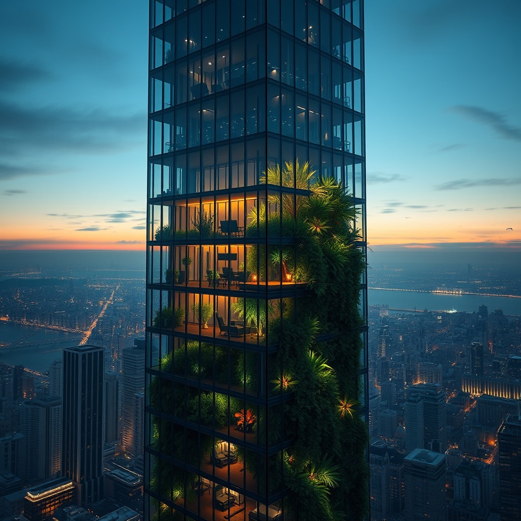 A stunning book cover featuring a cross-section of a sleek glass skyscraper at dusk, showcasing a realistic architectural design
