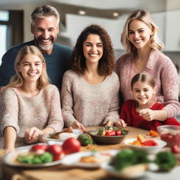 Image of a vibrant family consisting of youthful parents and their daughters aged 21, 19, and 18. They are joyfully preparing Christmas and New Year's meals in a kitchen full of holiday spirit, while exchanging gifts with one another