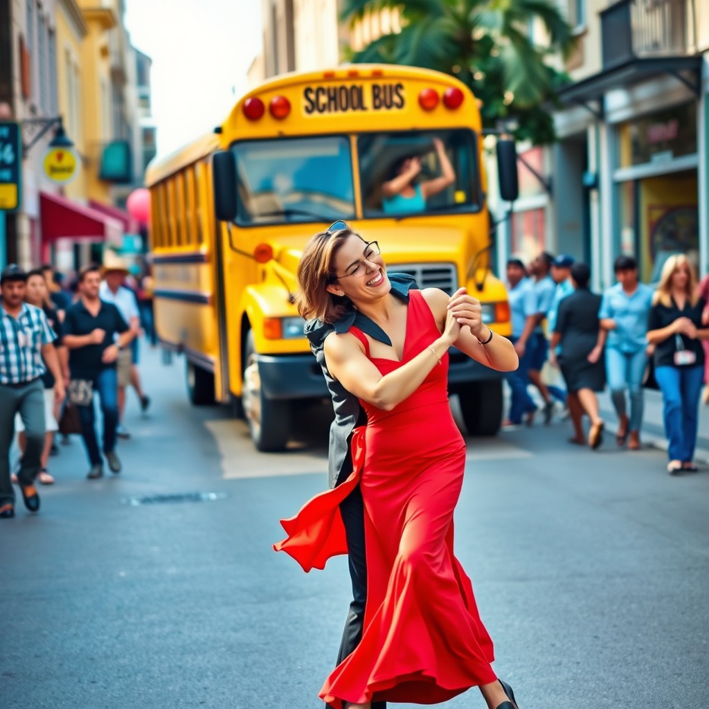 A humorous scene of a couple passionately dancing tango in the middle of a bustling street, with joyful expressions on their faces