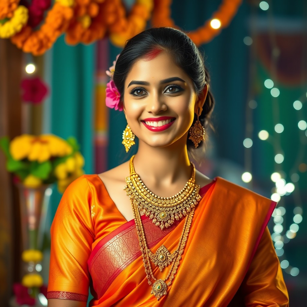 A stunning portrait of a traditional Indian woman dressed in a vibrant saree, adorned with intricate gold jewelry, with a backdrop of a beautifully decorated Indian festival scene