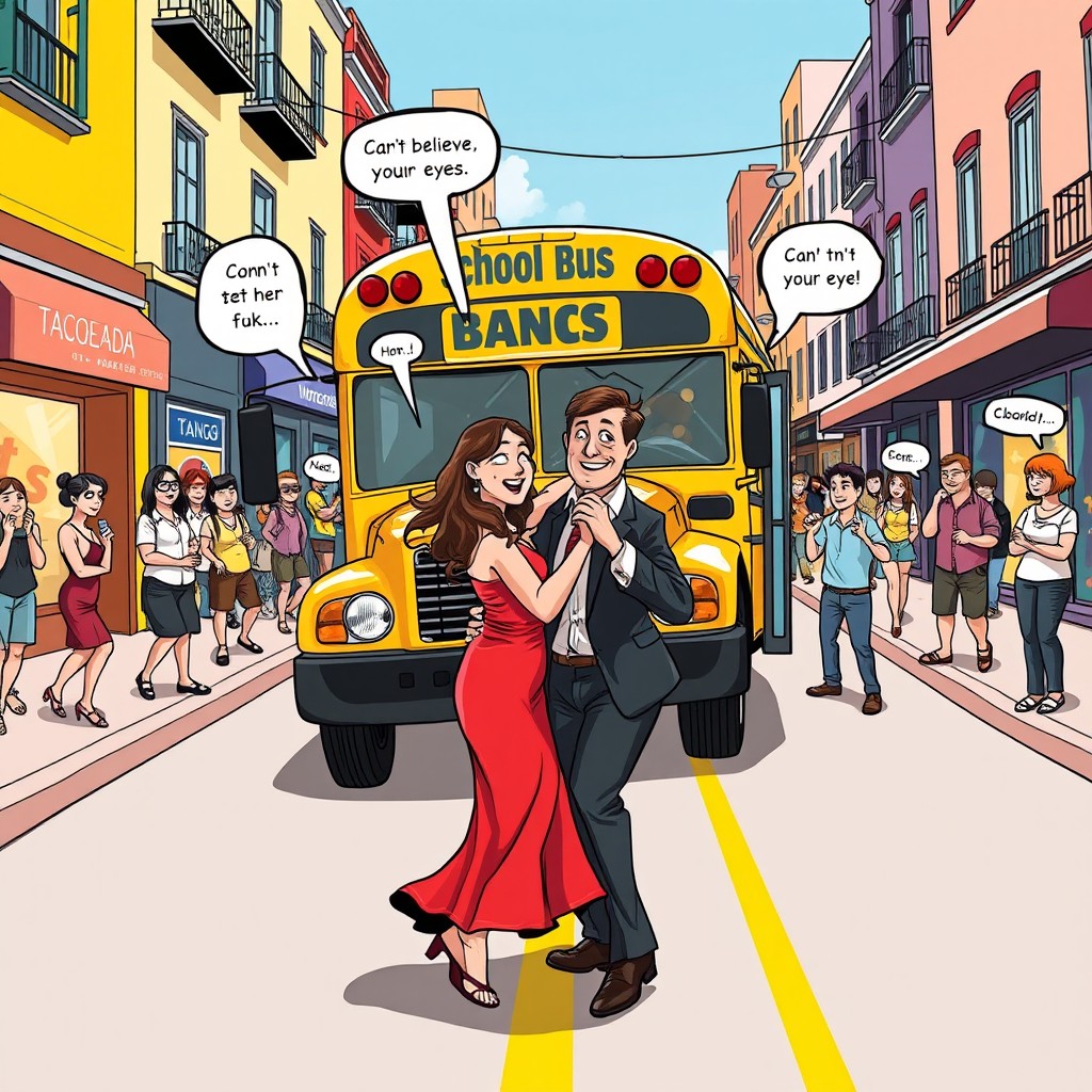 A comical scene depicting a couple dancing tango in the middle of a vibrant city street just as a school bus hilariously bumps into them