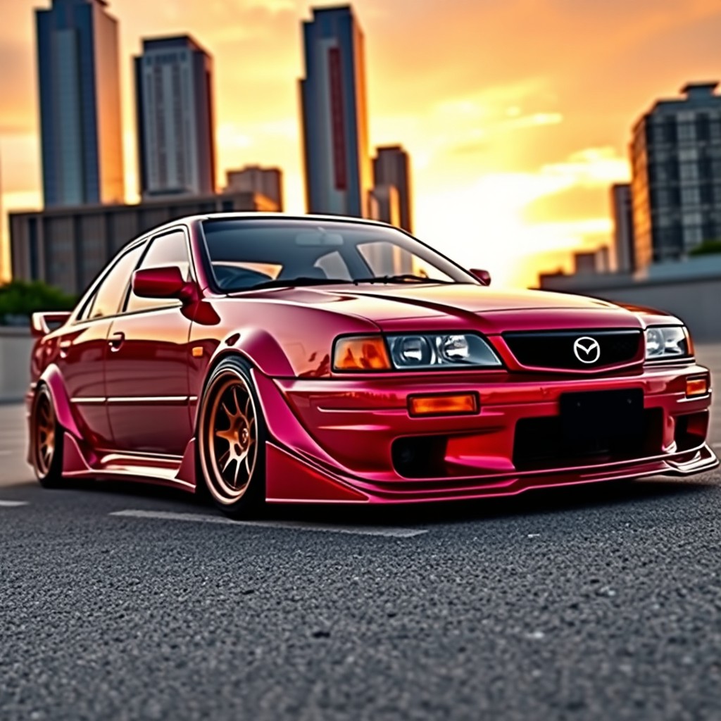 A stunning Mazda 626 GH featuring a customized body kit that highlights its sporty and aggressive design