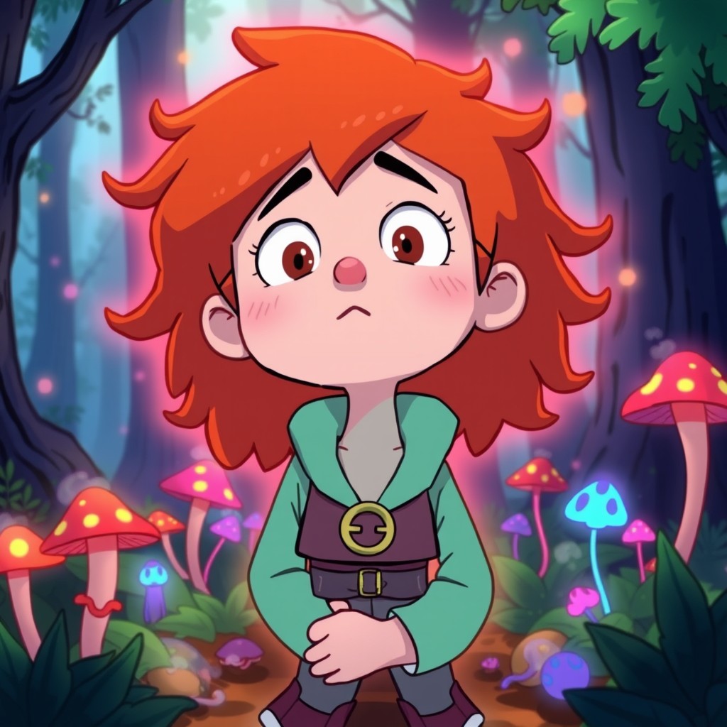 Dipper Pines from the Disney cartoon Gravity Falls, depicted in a vibrant forest setting, experiencing a magical transformation after consuming a magical mushroom from his journal
