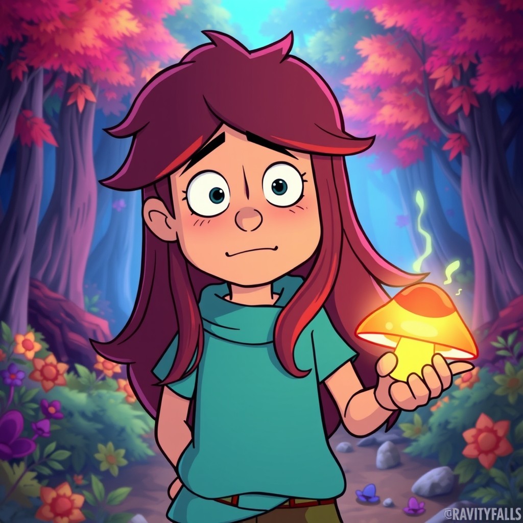 An imaginative scene featuring Dipper Pines from the Disney cartoon Gravity Falls, using a glowing magical mushroom from his journal to undergo a transformation
