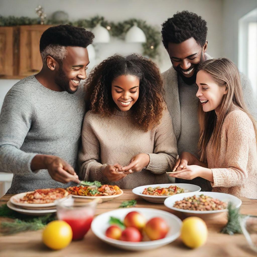 Image of a vibrant family consisting of youthful parents and their daughters aged 21, 19, and 18. They are joyfully preparing Christmas and New Year's meals in a kitchen full of holiday spirit, while exchanging gifts with one another