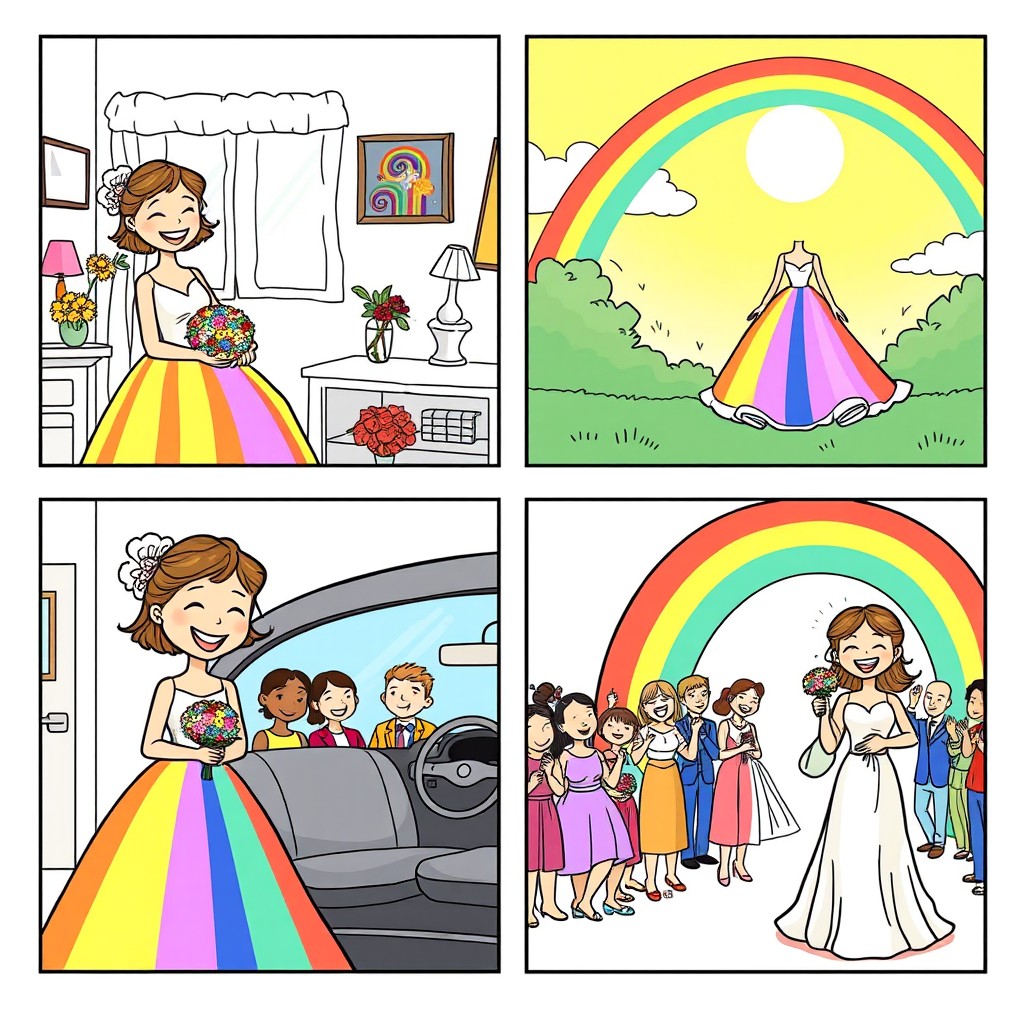 A whimsical comic strip featuring a bride dressed in a vibrant rainbow gown, joyfully smiling as she prepares for her wedding day