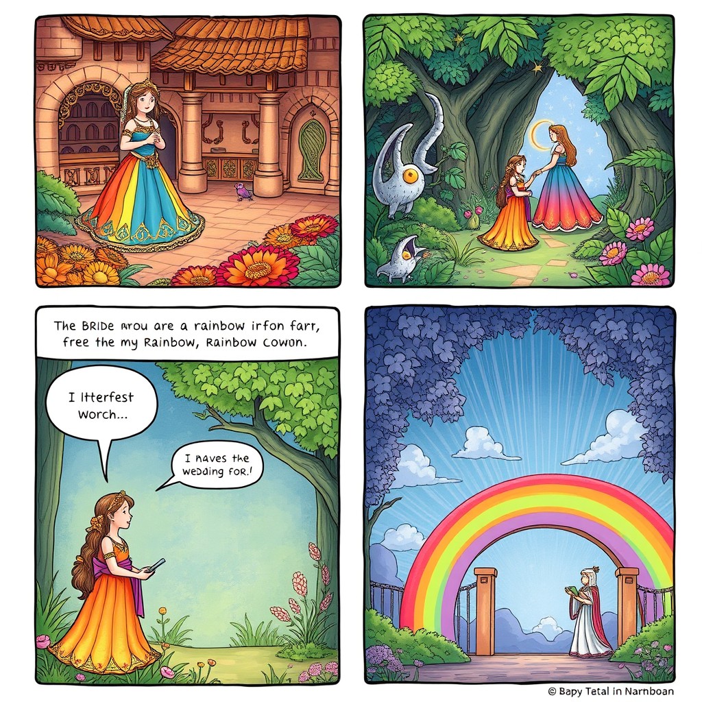 An enchanting comic strip illustrating a folktale about a bride adorned in a stunning rainbow gown