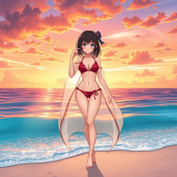 An anime girl in a stylish bikini wearing a transparent sheer beach wrap, standing gracefully on a tropical shore during a vibrant sunset