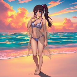 An anime girl in a stylish bikini wearing a transparent sheer beach wrap, standing gracefully on a tropical shore during a vibrant sunset