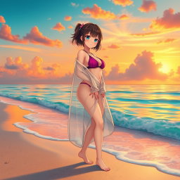 An anime girl in a stylish bikini wearing a transparent sheer beach wrap, standing gracefully on a tropical shore during a vibrant sunset