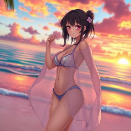 An anime girl in a stylish bikini wearing a transparent sheer beach wrap, standing gracefully on a tropical shore during a vibrant sunset