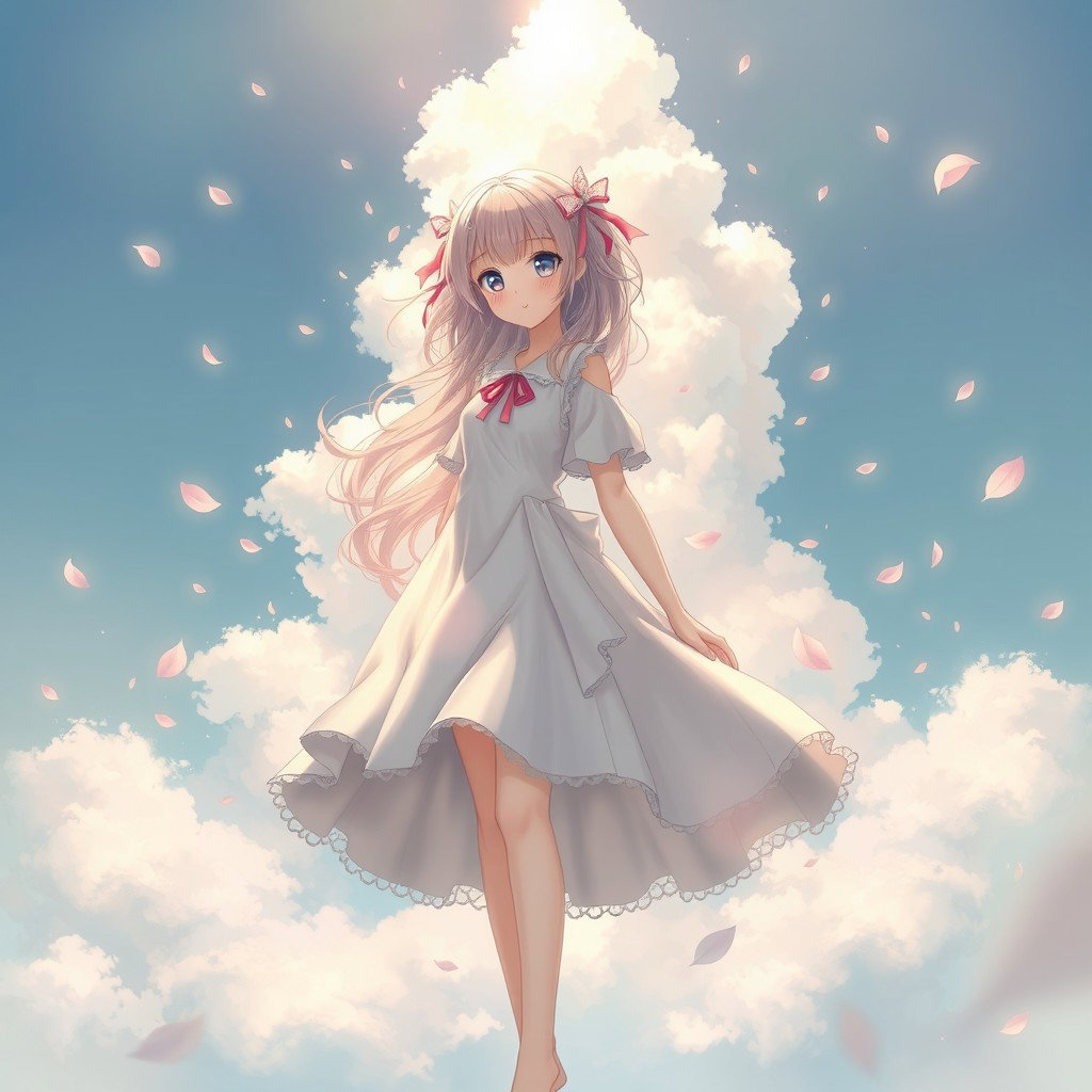 An artistic depiction of an anime girl standing gracefully in full length, showcasing her enchanting features and unique hairstyle