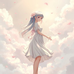 An artistic depiction of an anime girl standing gracefully in full length, showcasing her enchanting features and unique hairstyle