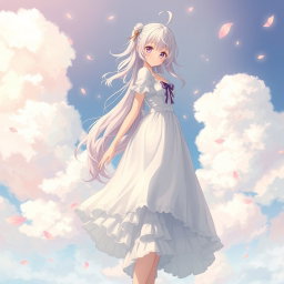 An artistic depiction of an anime girl standing gracefully in full length, showcasing her enchanting features and unique hairstyle