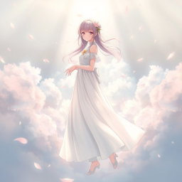 An artistic depiction of an anime girl standing gracefully in full length, showcasing her enchanting features and unique hairstyle