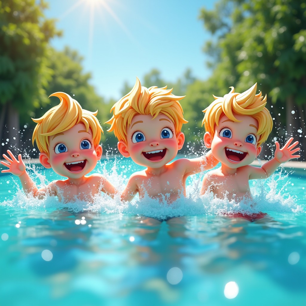 A joyful scene of blonde boys with blue eyes splashing and swimming in a sparkling blue pool on a sunny day
