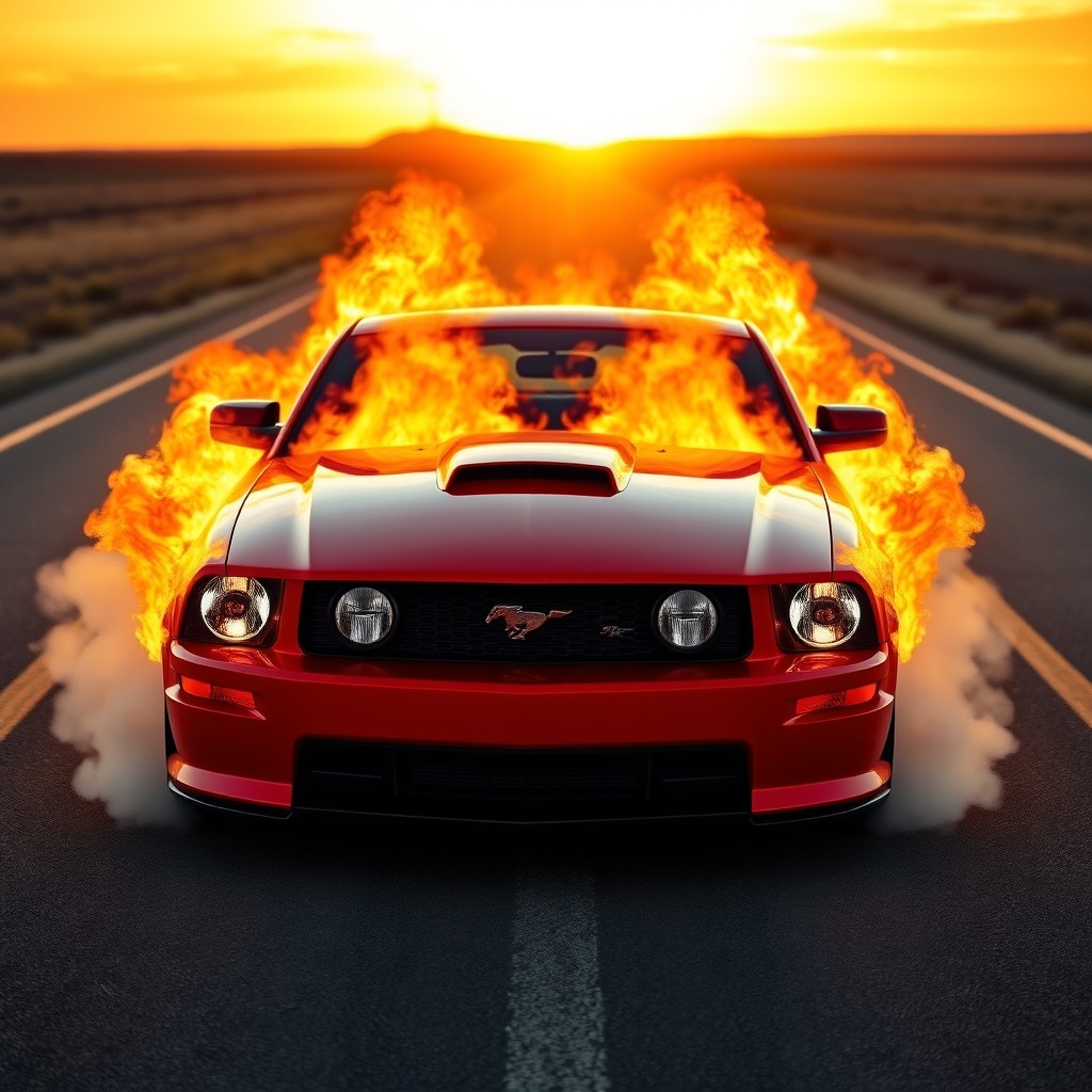 A powerful 2005 Ford Mustang GT, showcased with fierce flames erupting from the front and sides, creating an intense and dynamic visual effect