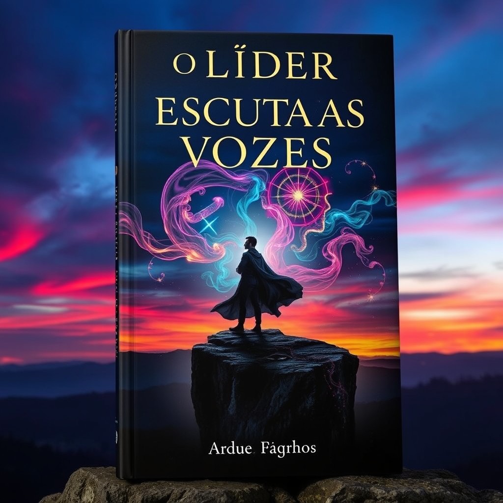 A captivating book cover featuring an enigmatic leader standing on a cliff, overlooking a mystical landscape