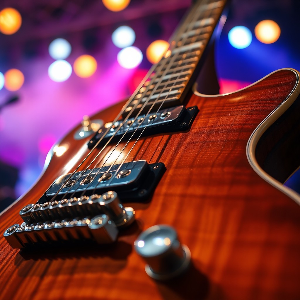 A close-up of an electric guitar with a glossy finish, showcasing intricate wood grain patterns and shiny metallic hardware