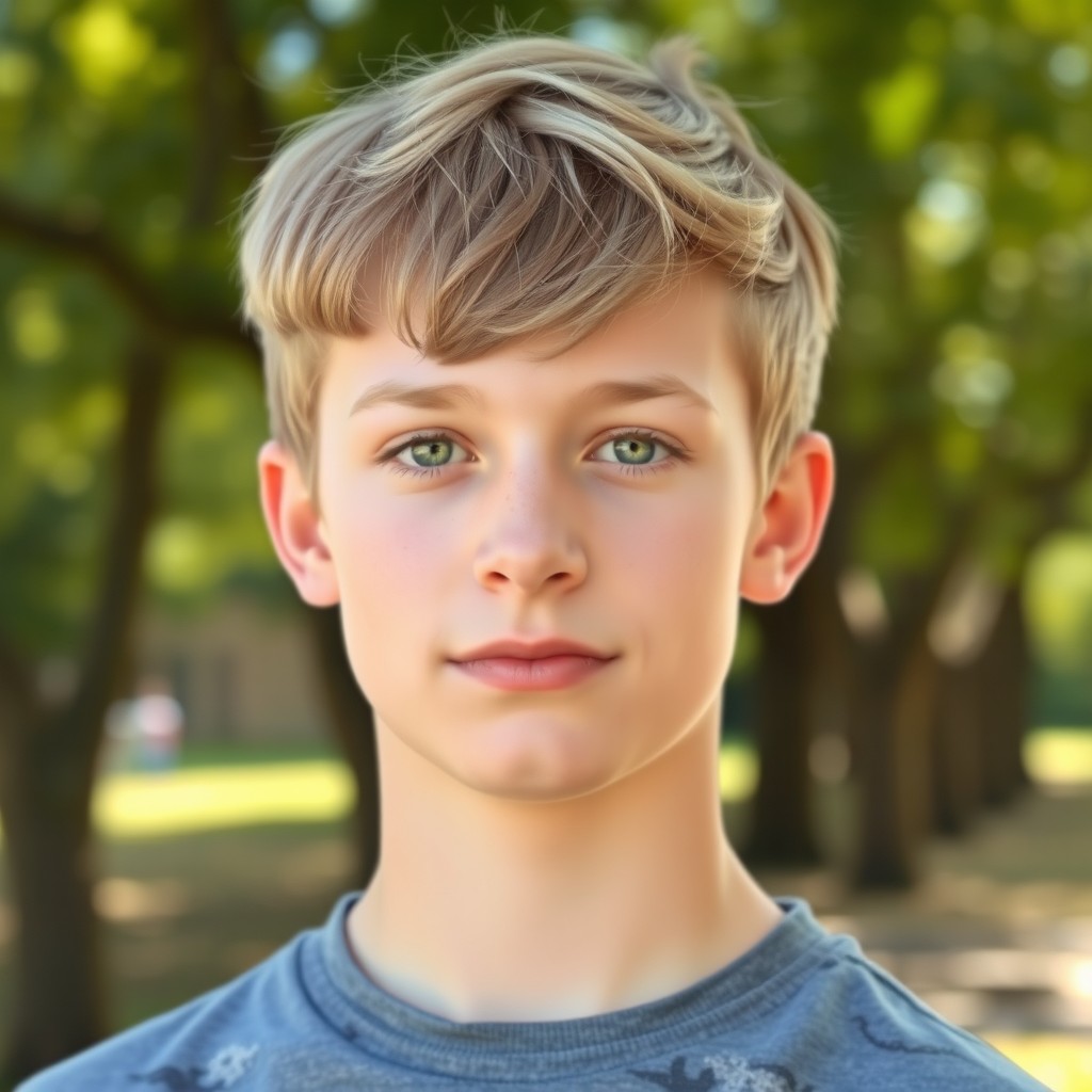 A portrait of a handsome teenage boy with straight dirty blonde hair styled in a two-block haircut