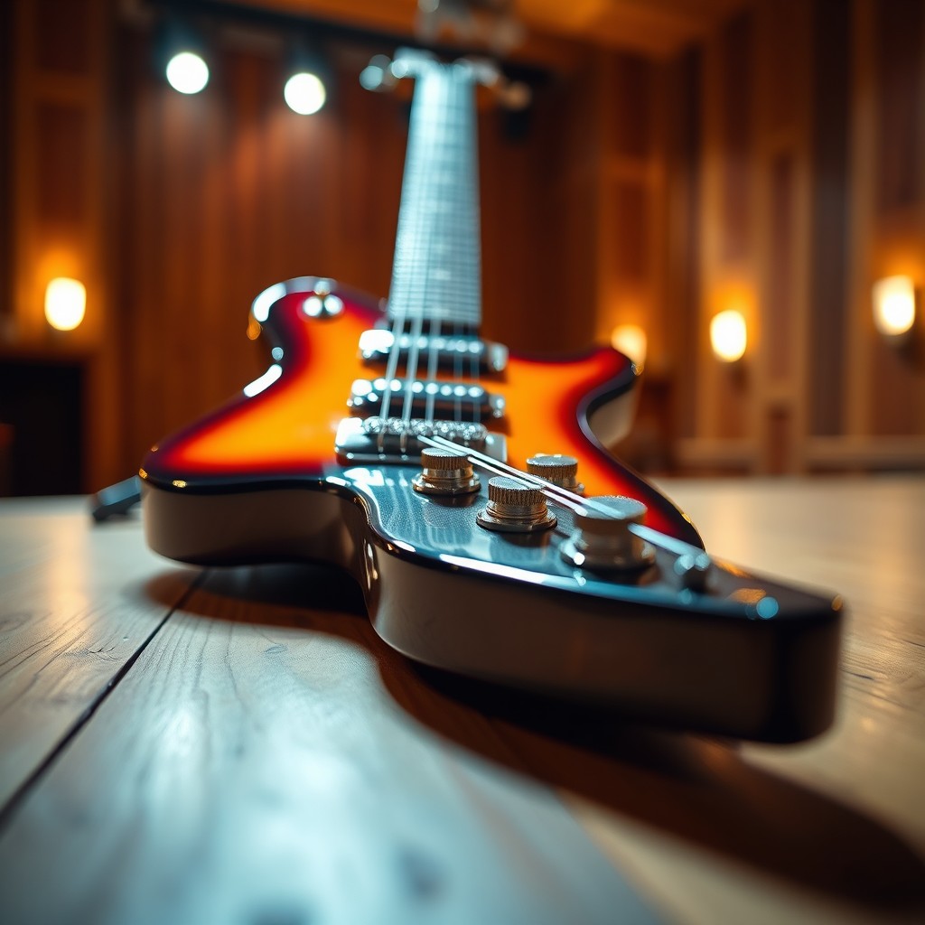 A close-up shot of an electric guitar resting on a wooden stage, showcasing its glossy finish and intricate design details