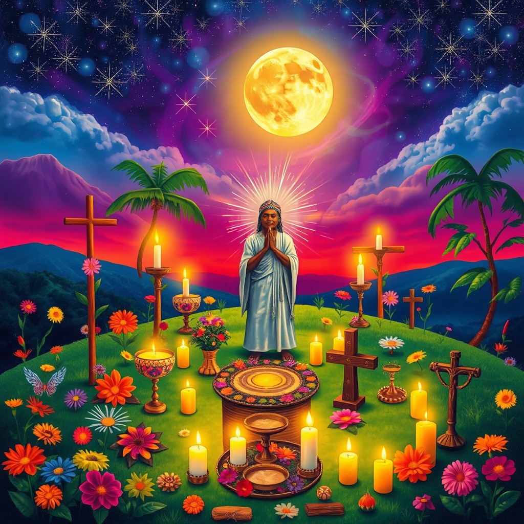 A vibrant and colorful scene depicting the essence of Umbanda, a Brazilian spiritual tradition that combines African, Indigenous, and Christian elements
