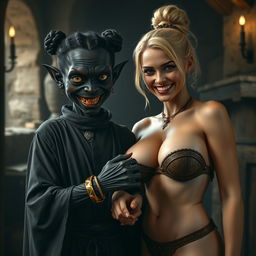 In a medieval room, depicting an evil and emaciated young black woman, around 30 years old, with very dark black skin