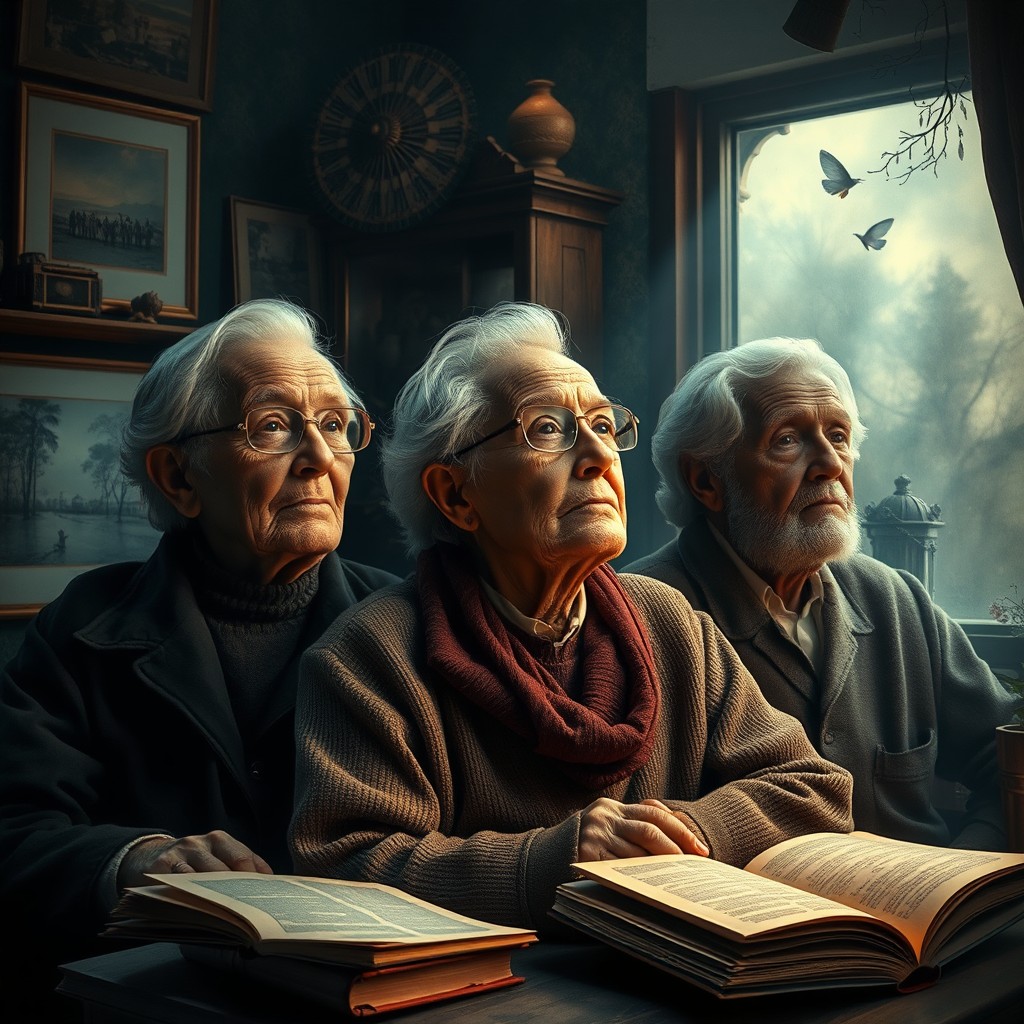 A mysterious scene depicting the journey of a person's life filled with stories, featuring elderly individuals gazing thoughtfully into the future