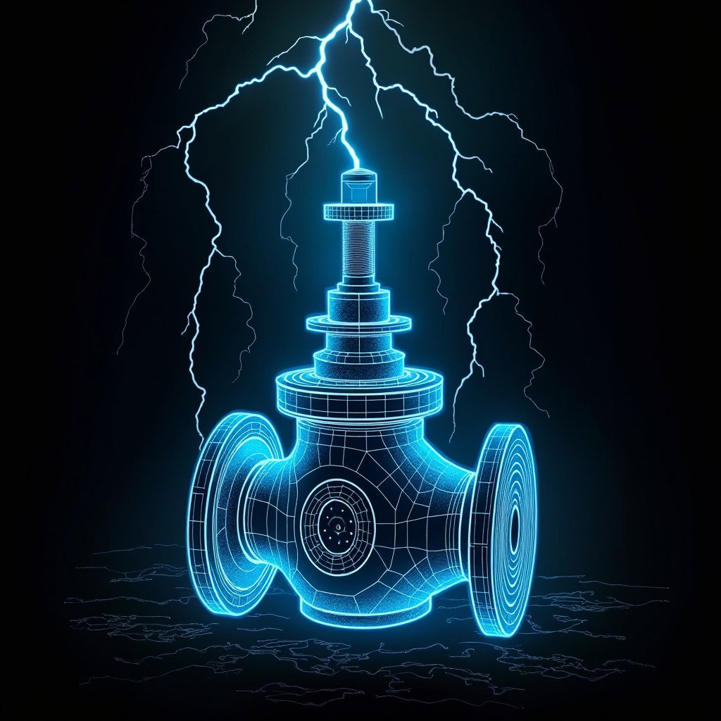 A digital artwork illustrating The Tesla Valve: A Marvel of Engineering, depicted with intricate details and outlined in glowing blue lines against a solid black background