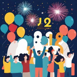 Add cheerful and diverse people into the New Year's illustration, all celebrating and enjoying the joyous moment together with a backdrop of fireworks, balloons, and a 'Happy New Year' banner.