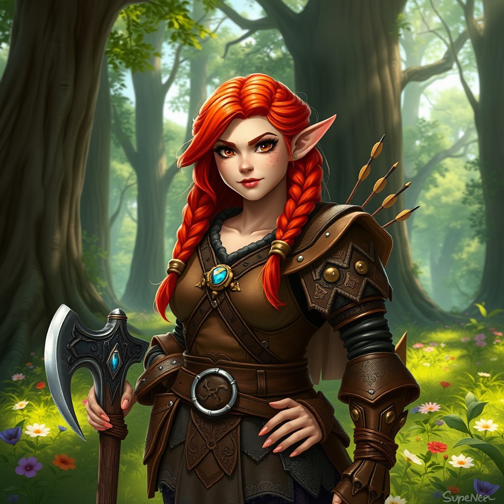 A female dwarf character standing confidently in a lush green forest
