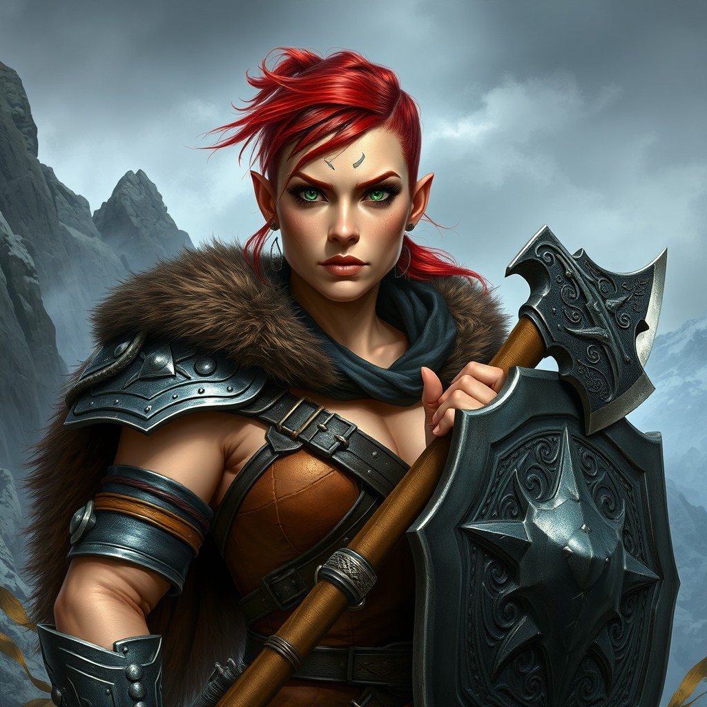 A realistic female dwarf warrior in a Dungeons & Dragons style, set against a rugged mountainous landscape