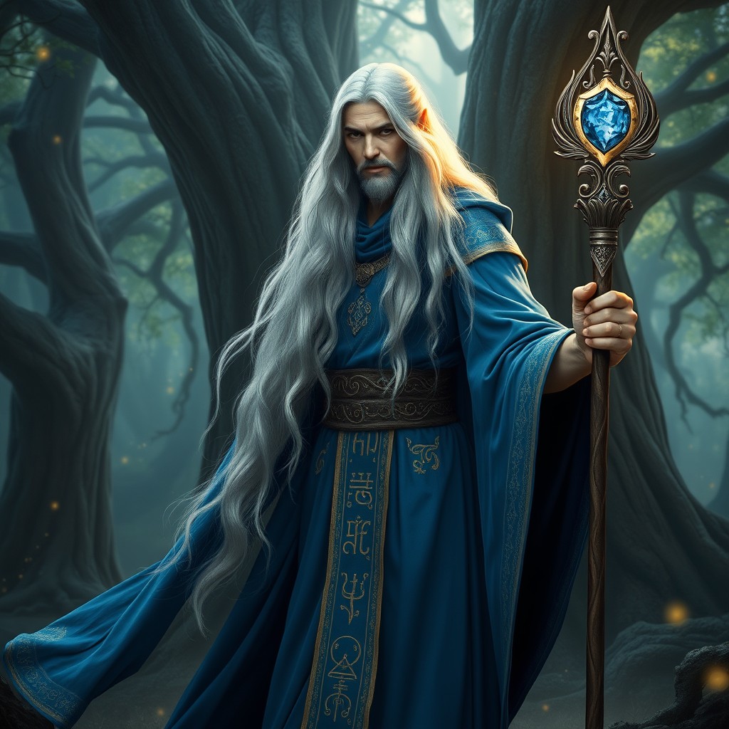 A majestic high elf wizard adorned in flowing blue robes, standing elegantly in a mystical forest