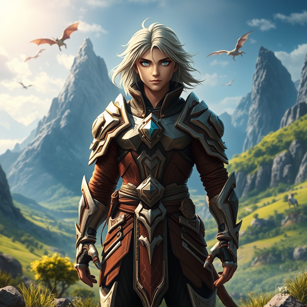 A dynamic hero standing tall in a vibrant fantasy landscape, wearing an intricately designed armor that reflects both ancient and futuristic elements