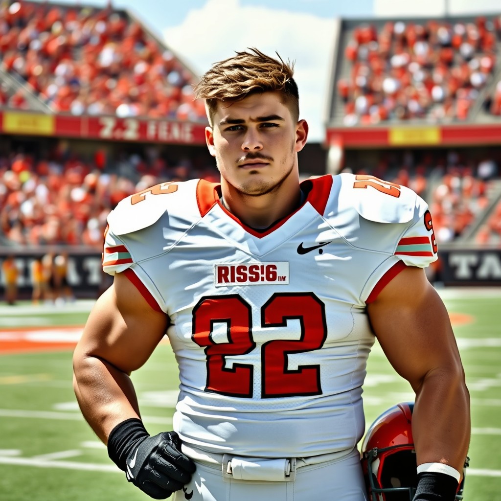 A 22-year-old male college offensive lineman on a football field, showcasing his powerful physique and athletic build