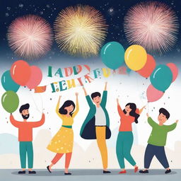 Add cheerful and diverse people into the New Year's illustration, all celebrating and enjoying the joyous moment together with a backdrop of fireworks, balloons, and a 'Happy New Year' banner.