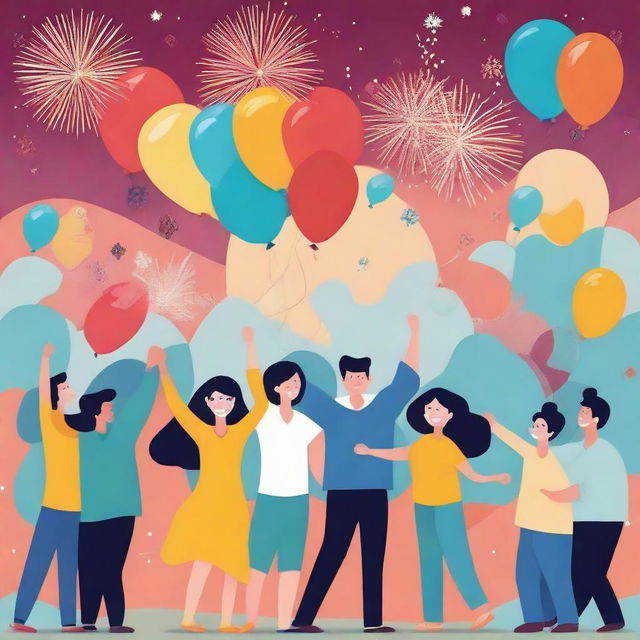 Add cheerful and diverse people into the New Year's illustration, all celebrating and enjoying the joyous moment together with a backdrop of fireworks, balloons, and a 'Happy New Year' banner.