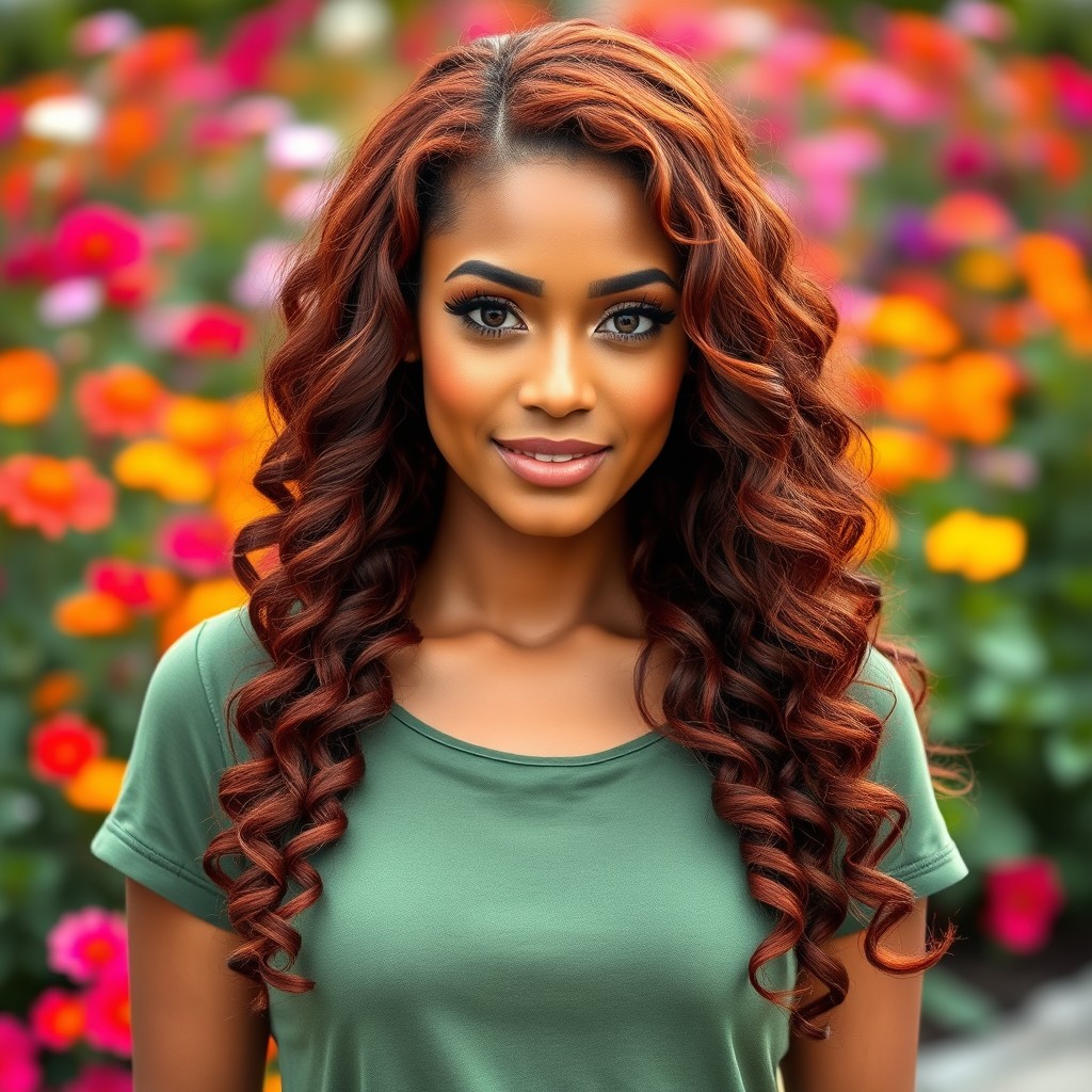 A beautiful lady with long, curly red hair cascading down her shoulders