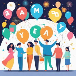 Add cheerful and diverse people into the New Year's illustration, all celebrating and enjoying the joyous moment together with a backdrop of fireworks, balloons, and a 'Happy New Year' banner.