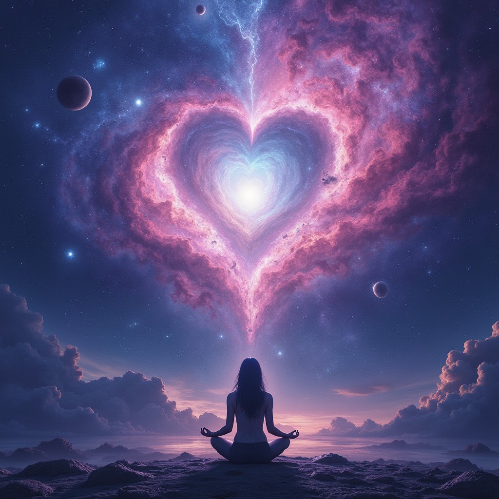 A breathtaking cosmic scene titled 'The Space Between Heartbeats', showcasing a vibrant nebula with swirling colors of deep purples, blues, and bright pinks