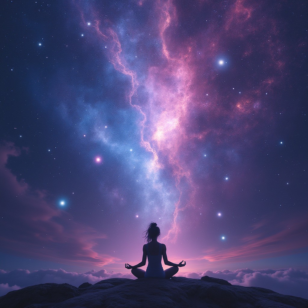 A breathtaking cosmic scene titled 'The Space Between Heartbeats', depicting a serene figure meditating amidst a stunning nebula that radiates deep purples, blues, and shimmering pinks