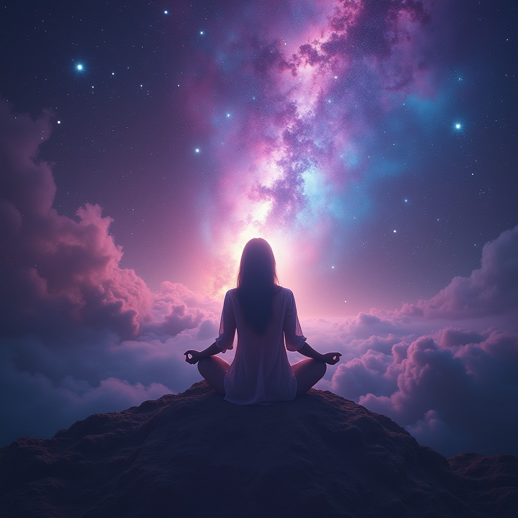 A captivating cosmic scene titled 'The Space Between Heartbeats', featuring a serene figure in a meditative pose, surrounded by the stunning beauty of space