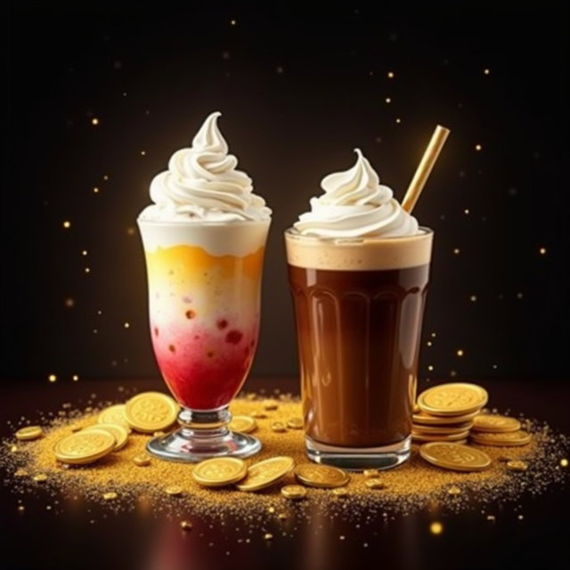 A visually appealing digital artwork featuring an Ice Cream Sundae in a 12 oz cup with generous whipped cream on top, alongside a 12 oz Iced Coffee adorned with whipped cream