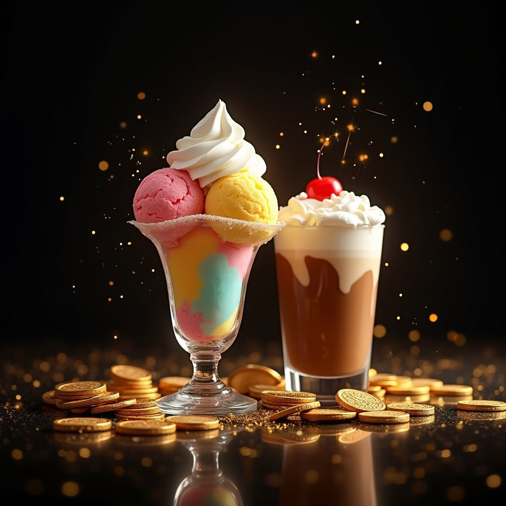 A beautifully styled digital artwork of a delicious Ice Cream Sundae (12 oz) topped with whipped cream, set against a luxurious black background