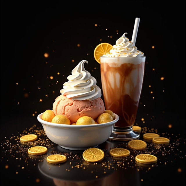 A visually appealing digital artwork featuring a 12 oz Ice Cream Sundae topped with whipped cream alongside a 12 oz Iced Coffee, also topped with whipped cream