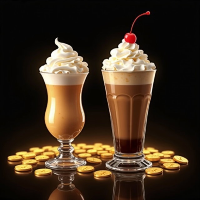 A digital artwork featuring a delicious Ice Cream Sundae in a 12 oz glass topped with whipped cream, alongside a 12 oz iced coffee also adorned with whipped cream