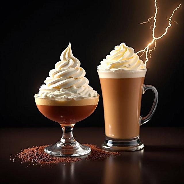 A visually striking digital artwork featuring an indulgent ice cream sundae topped with whipped cream and a refreshing iced coffee also adorned with whipped cream