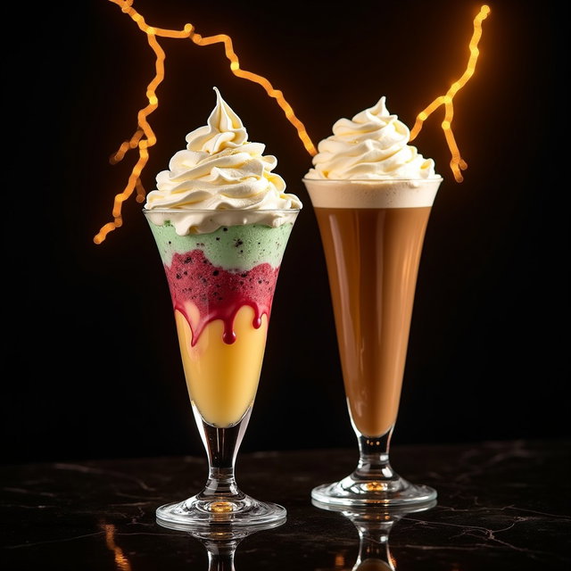 A visually striking composition featuring a delicious Ice Cream Sundae topped with whipped cream and an Iced Coffee also adorned with whipped cream, both presented in tall, elegant glasses