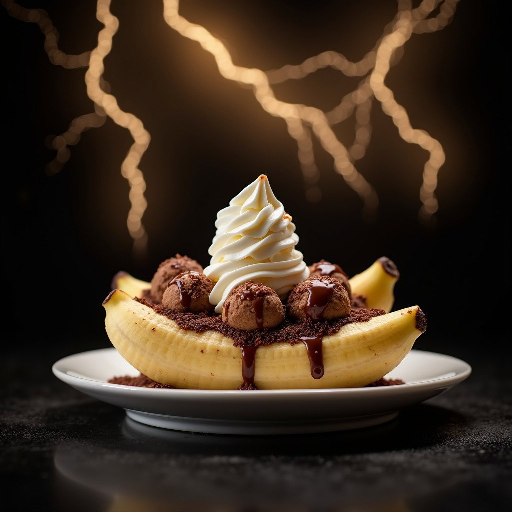 A beautifully presented banana split, small in size, placed on a white plate