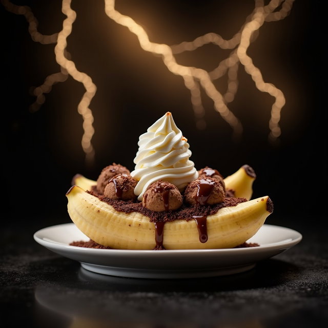 A beautifully presented banana split, small in size, placed on a white plate